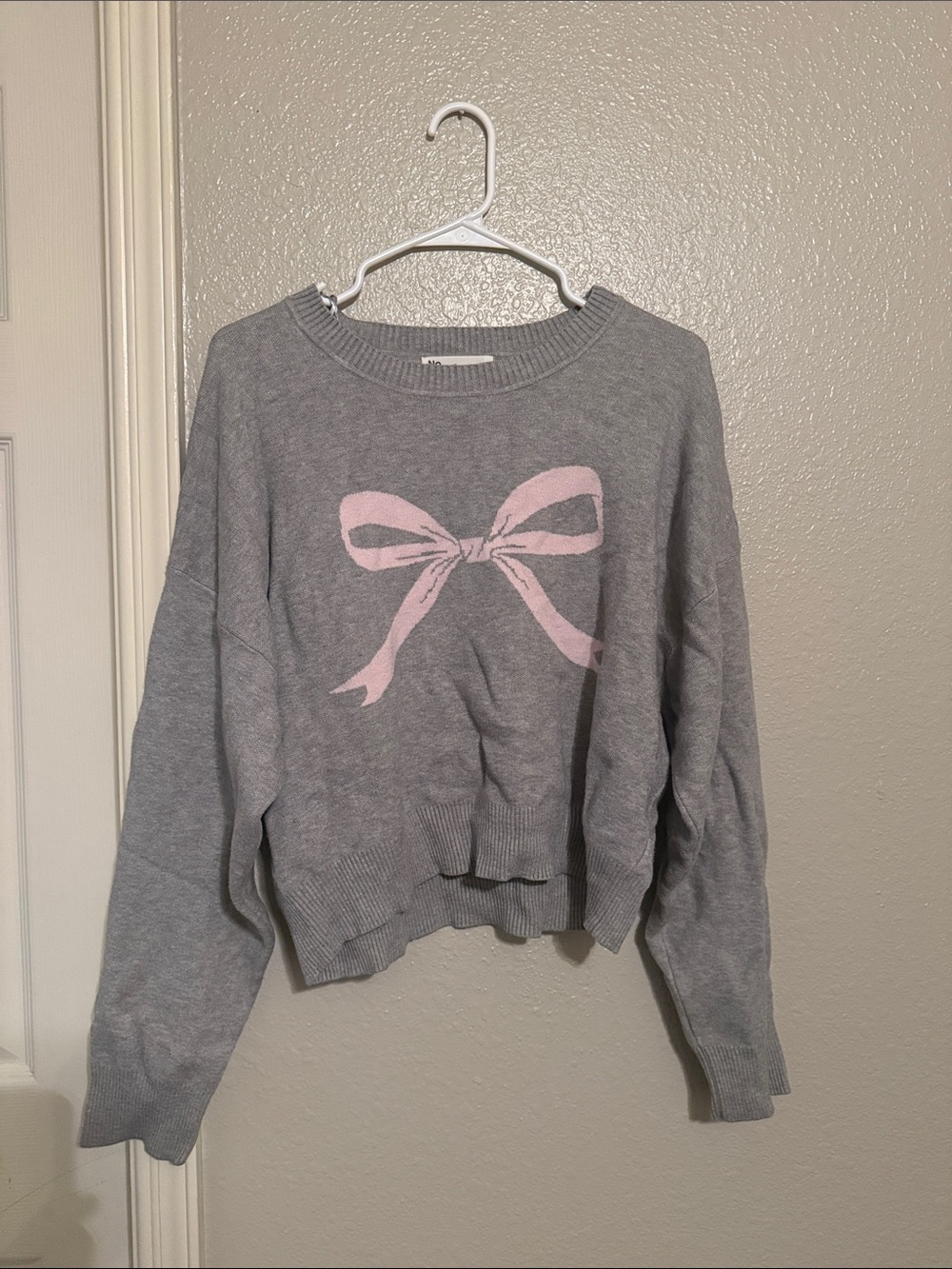 No Boundaries Gray Sweater with Pink Bow Graphic